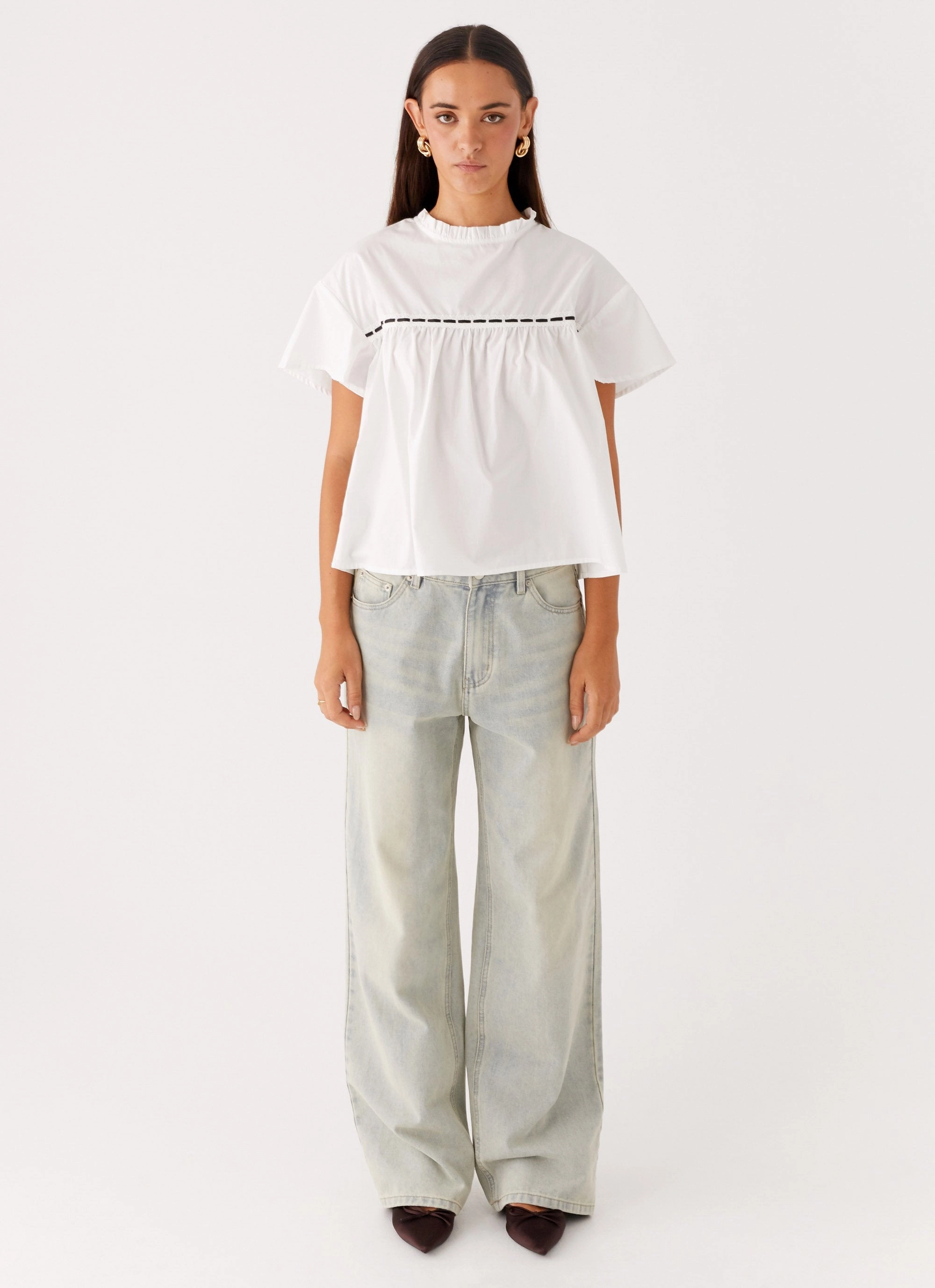 Lila Babydoll Top - White Buttonless Closure Non Restrictive Mobility