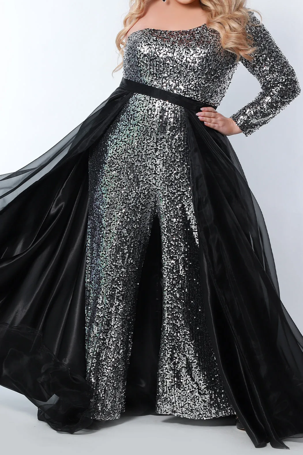 Sydney's Closet SC9109 Black Overskirt for Plus Sizes Long Four Layer Organza Wire Hem Detachable Overskirt