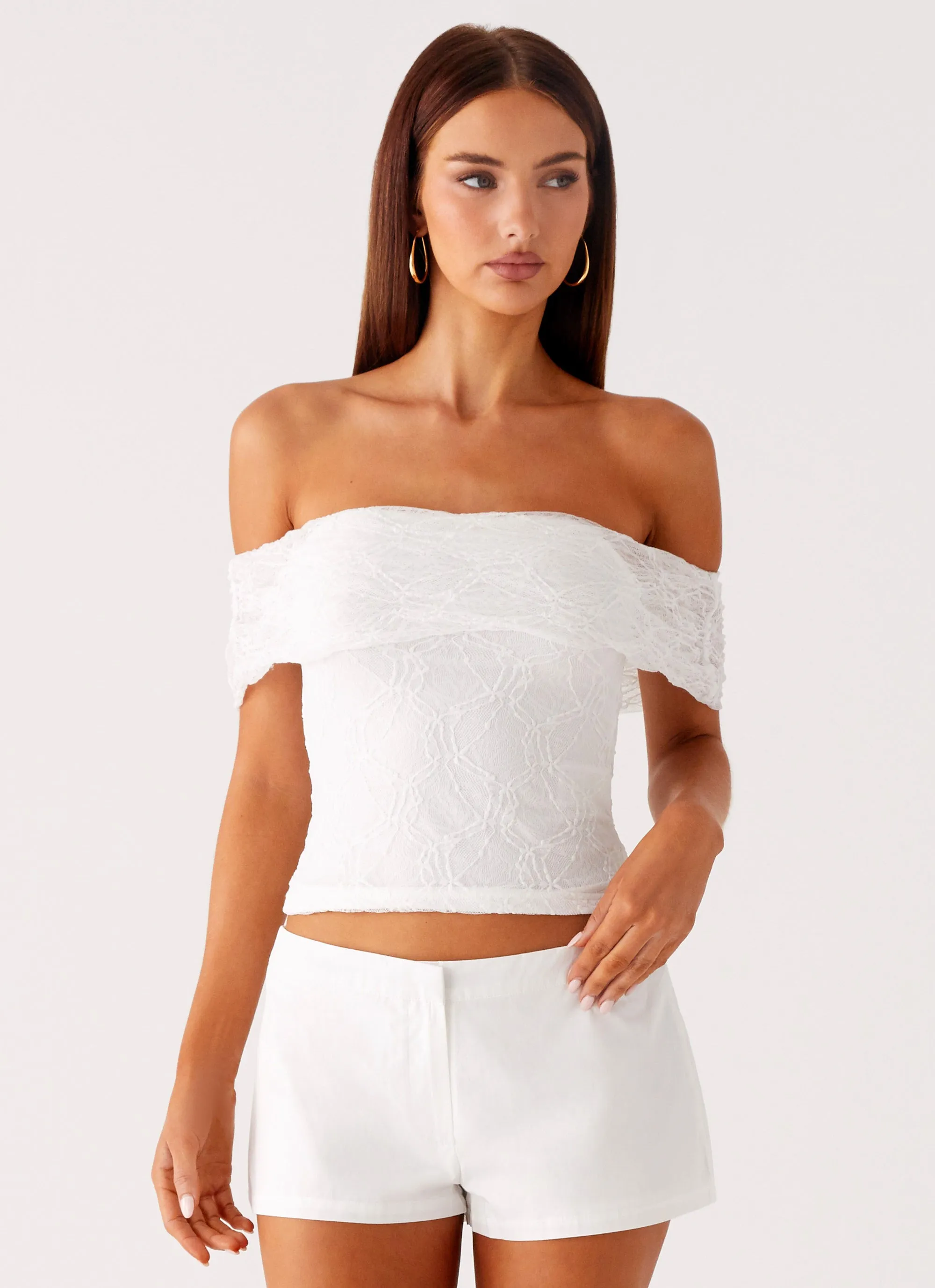 stain resistant coating Multi Panel Cut Tabby Off Shoulder Top - White