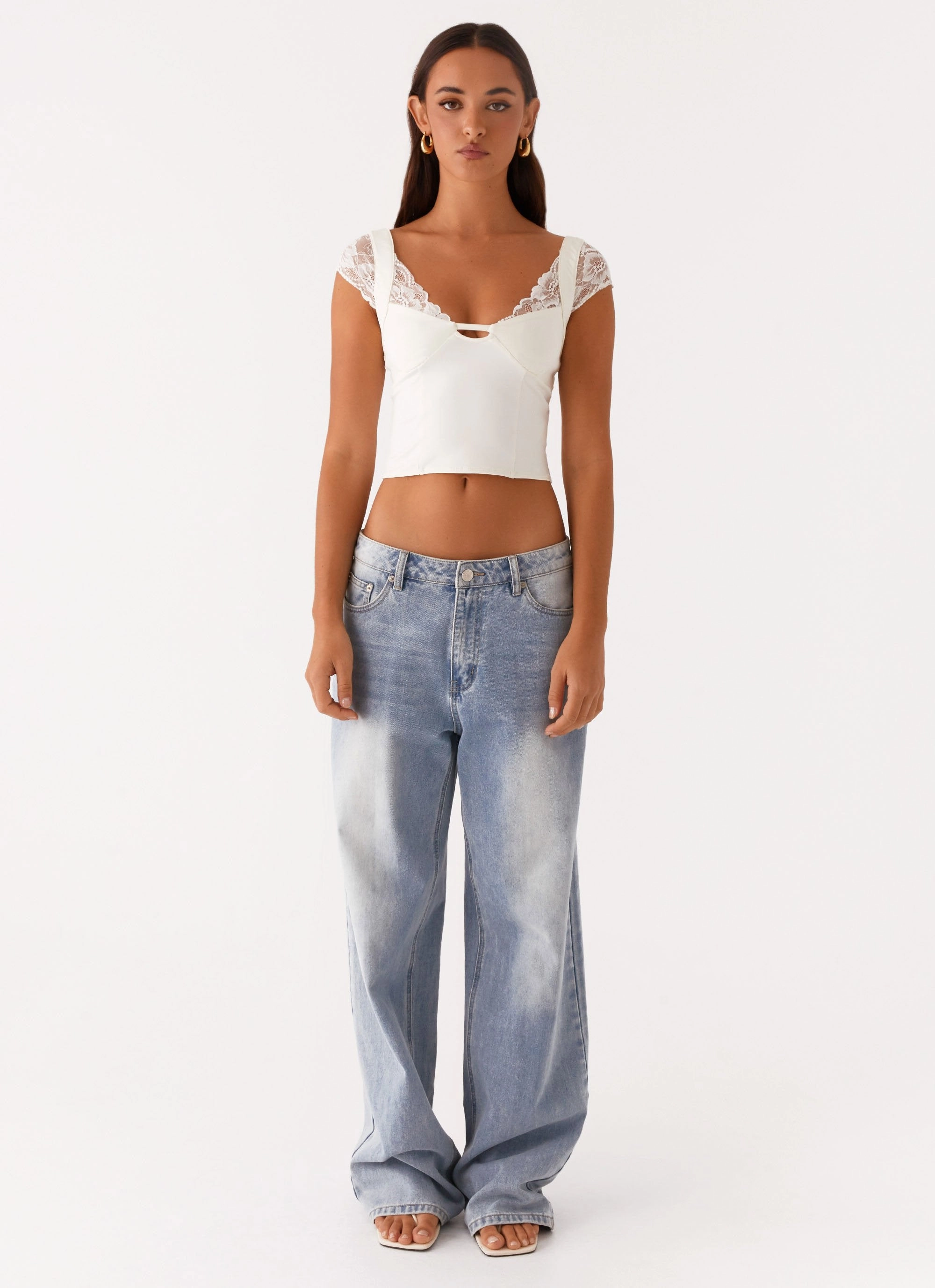 Tabitha Lace Top - Lemon Relaxed Crew Neck Opening