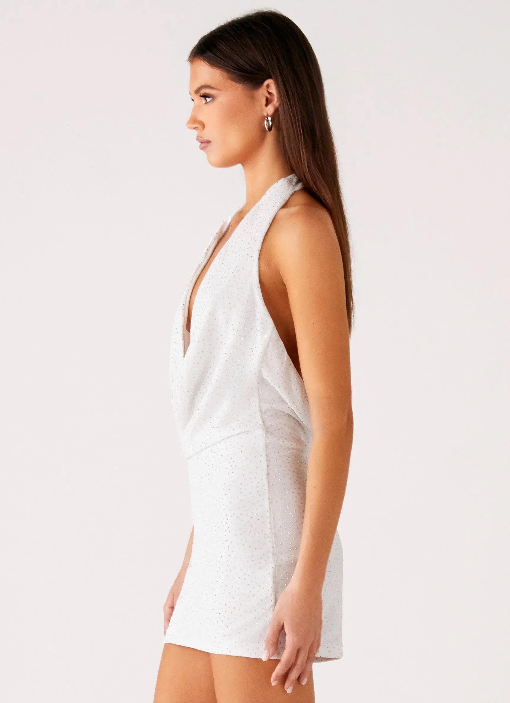 Back Cut Out Beaded Sequins Mini Dress - Ivory Sleeveless Cut