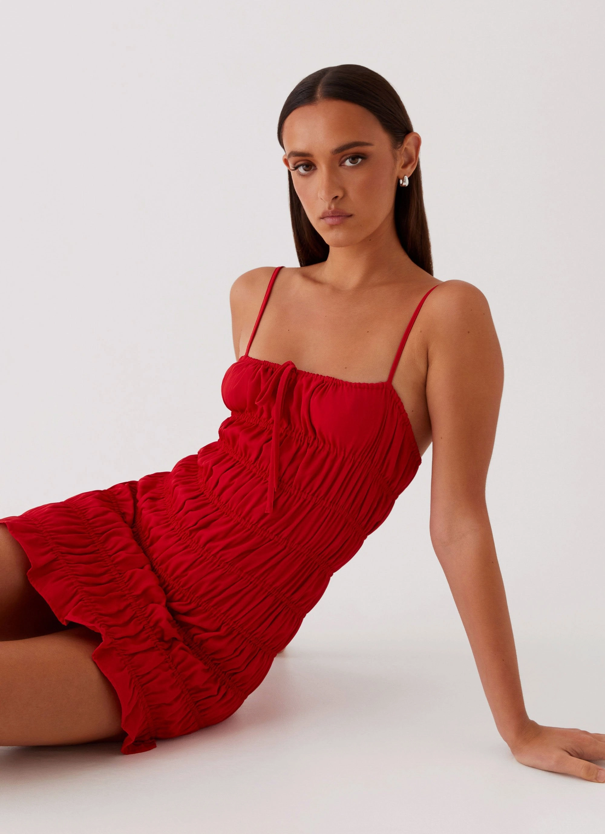 Sage Glow Delicate Finish Part Timer Ruched Mini Dress - Red