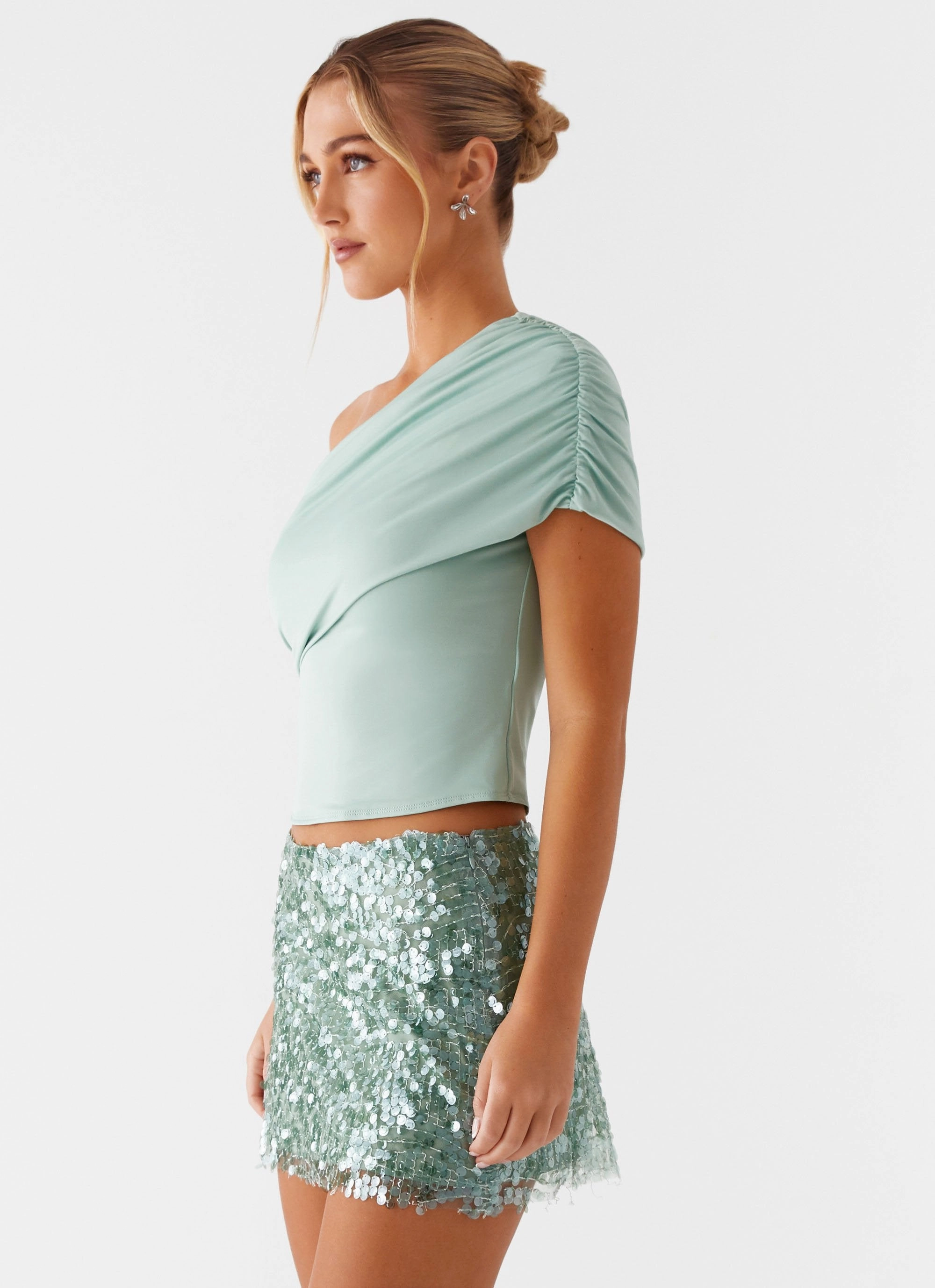 Islington One Shoulder Top - Mint WrinkleFree Finish