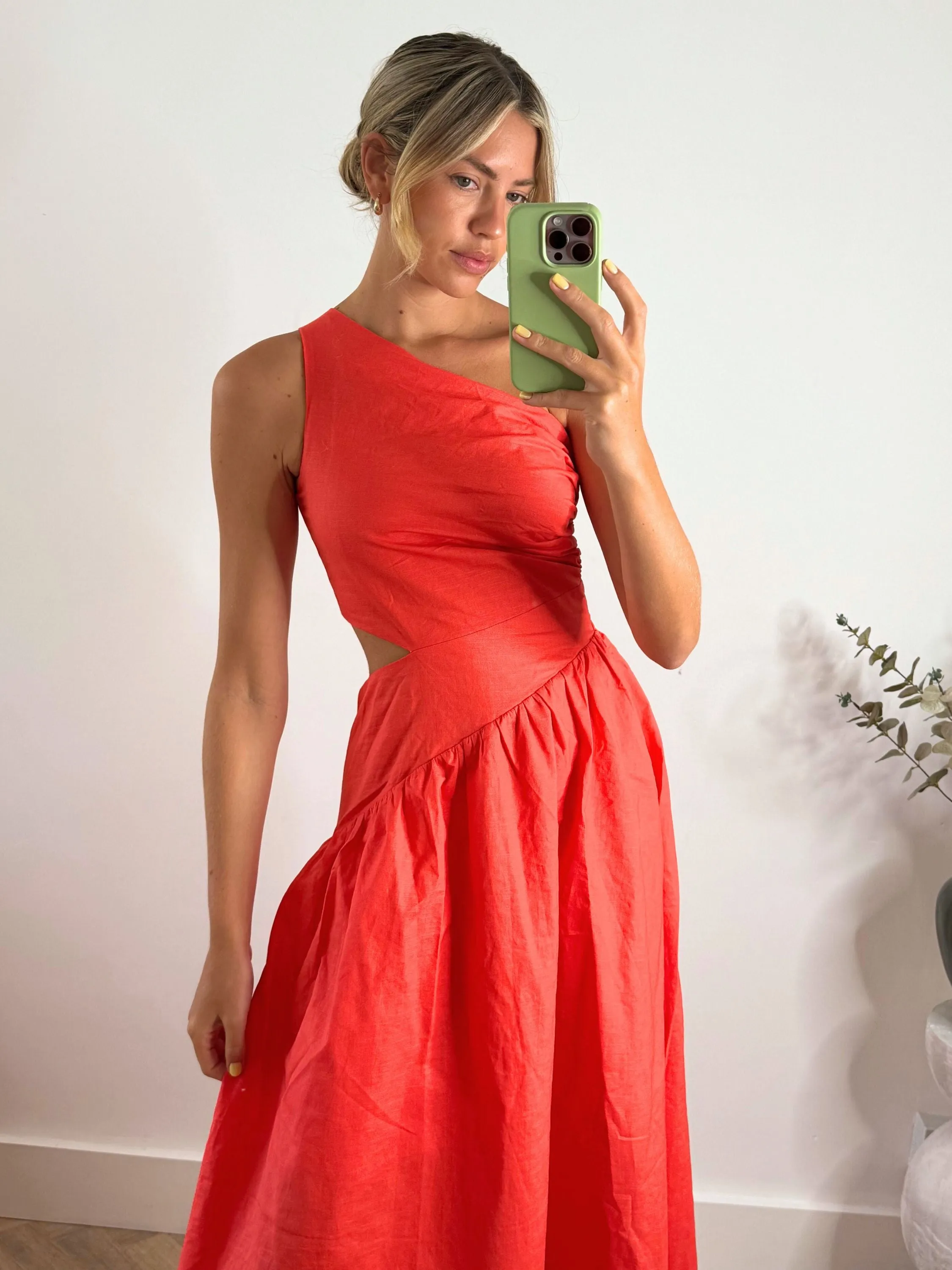 Earth Colors Easy Lovely Jasmine Cut Out One Shoulder Dress in Coral
