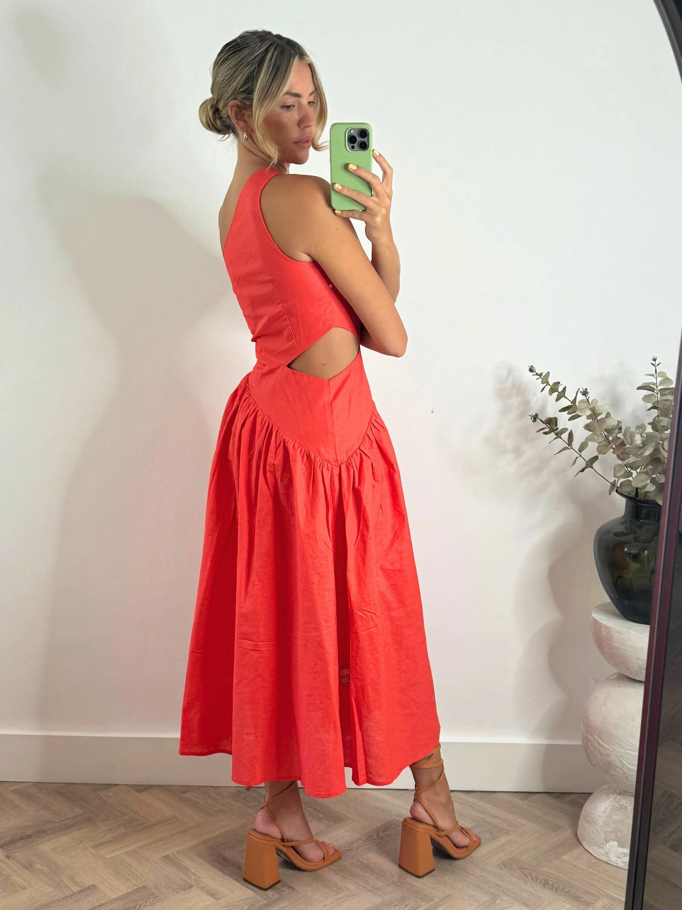 Flexible Fit Jasmine Cut Out One Shoulder Dress in Coral