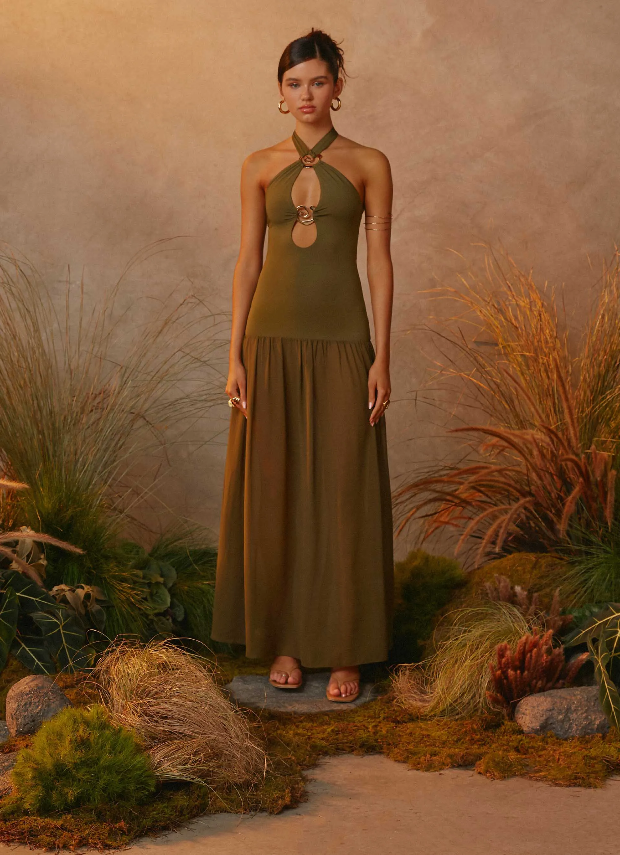 Cypress Kiss Maxi Dress - Khaki slim fit Trendy Outfit