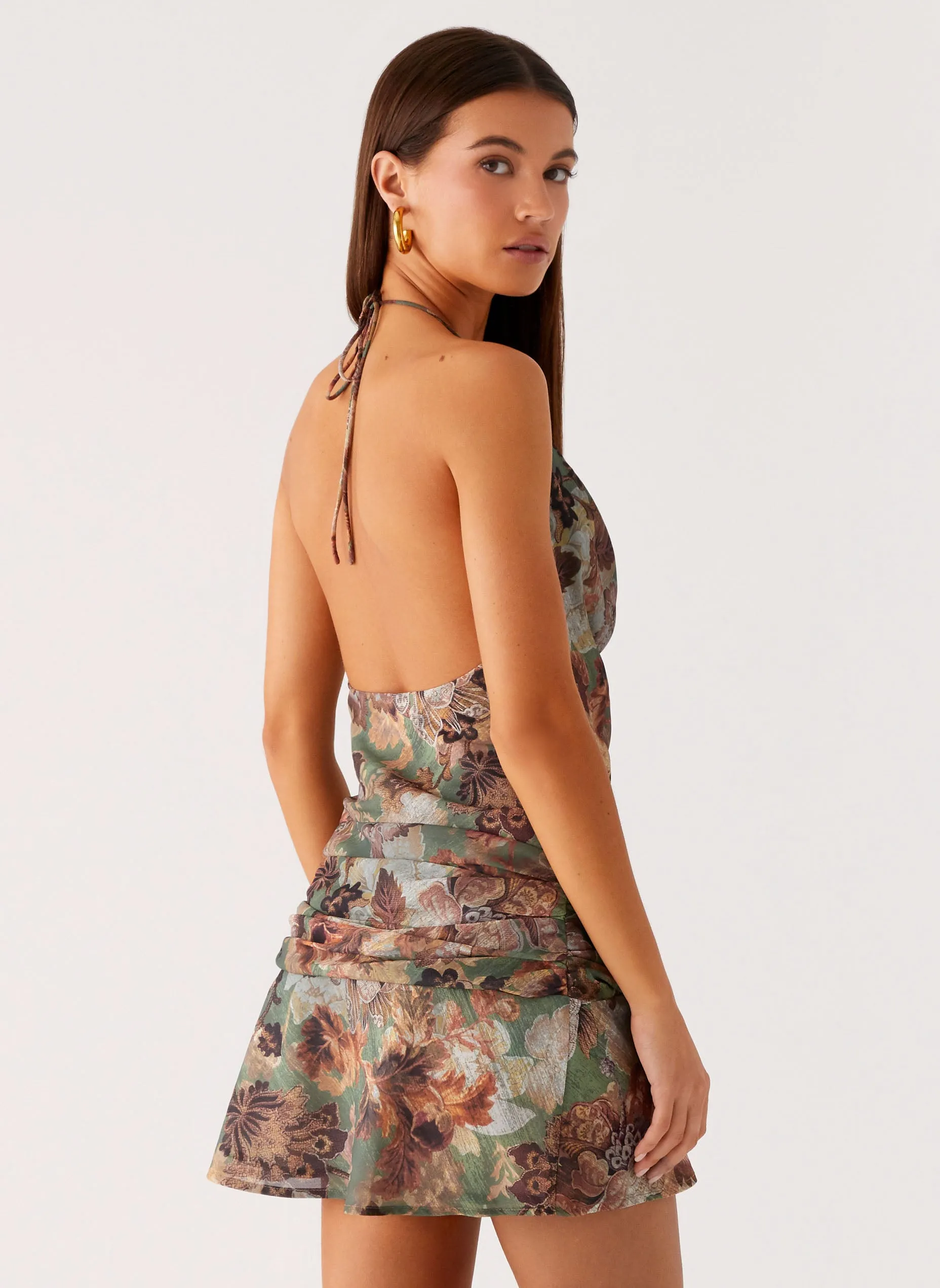 Matte Finish Wineweather Cowl Mini Dress - Vintage Blossom