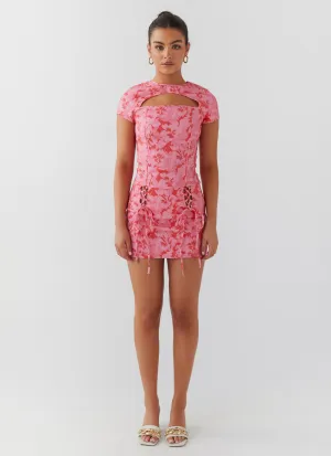 High Density Weave Wrap Front Take A Sip Tie Mini Skirt - Cherry Blossom