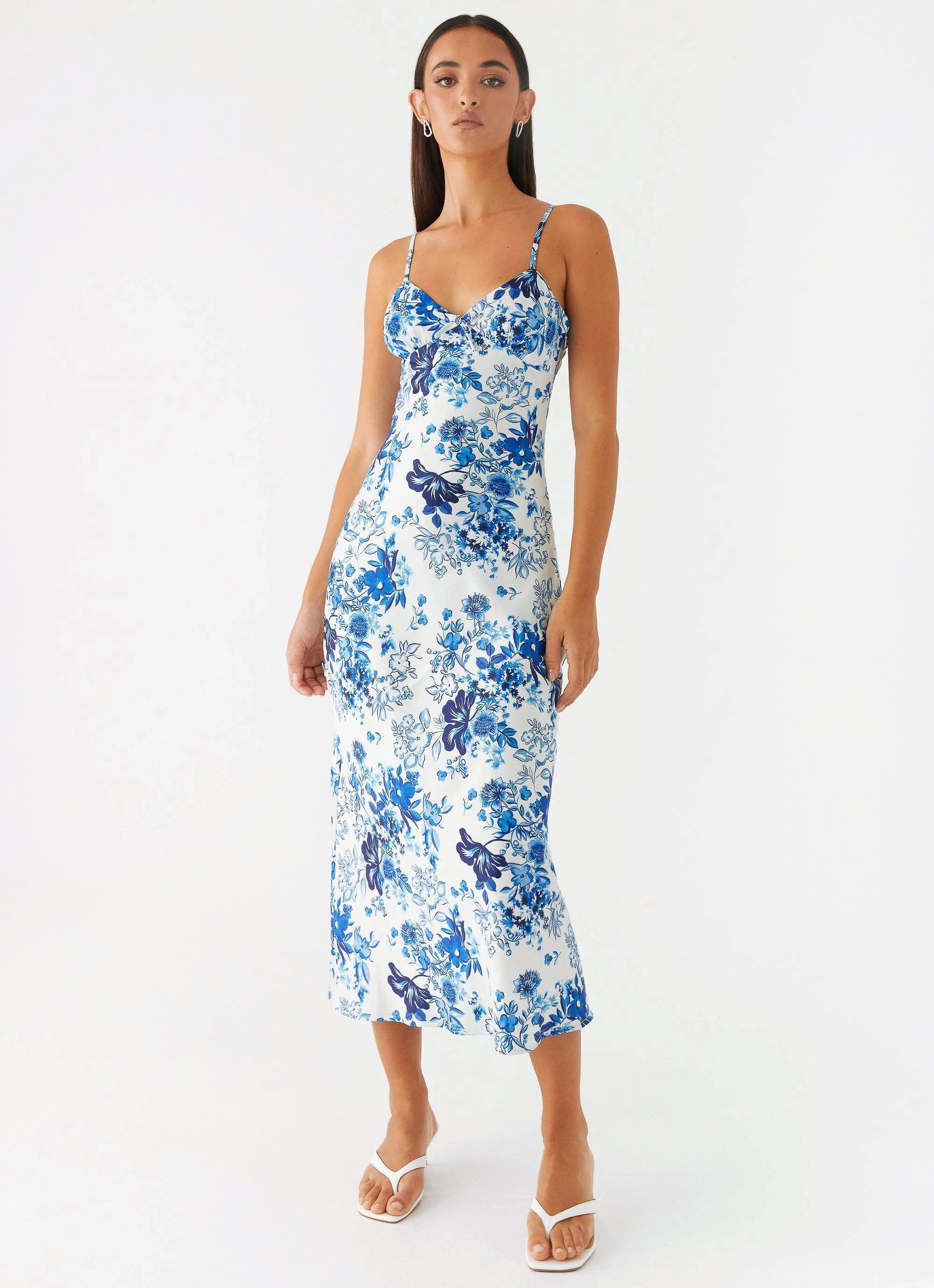 Clean Base Bohemian style Take Chances Midi Dress - Serene Sky Floral