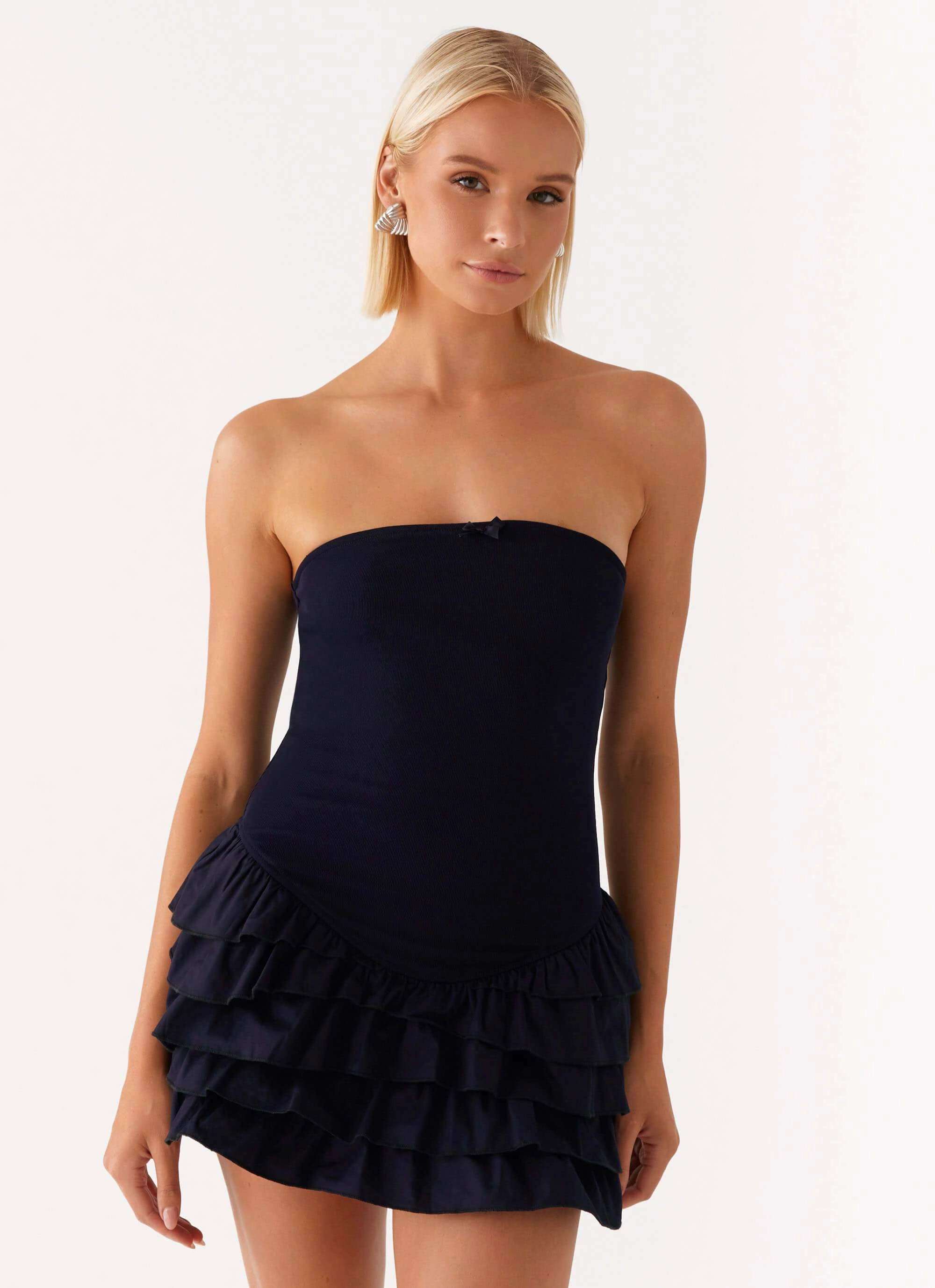 Satin Grace Minimal Details Tamay Mini Dress - Navy