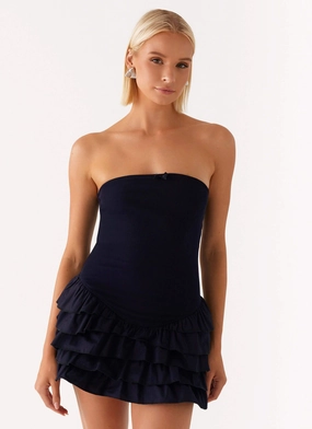 Tamay Mini Dress - Navy Cape Overlay Satin Grace Minimal Details Tamay Mini Dress - Navy