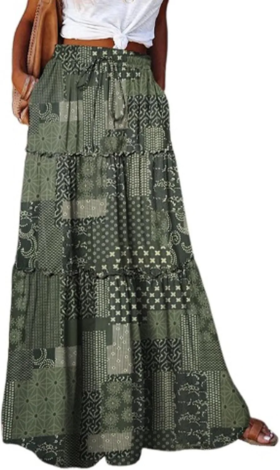 TANGNADE Long Flowy Beach Skirts for Women Summer High Waisted Casual Maxi Skirt Swing Floral Print Pleated Skirts