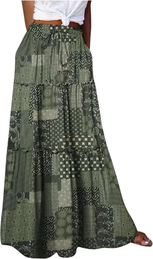 TANGNADE Long Flowy Beach Skirts for Women Summer High Waisted Casual Maxi Skirt Swing Floral Print Pleated Skirts