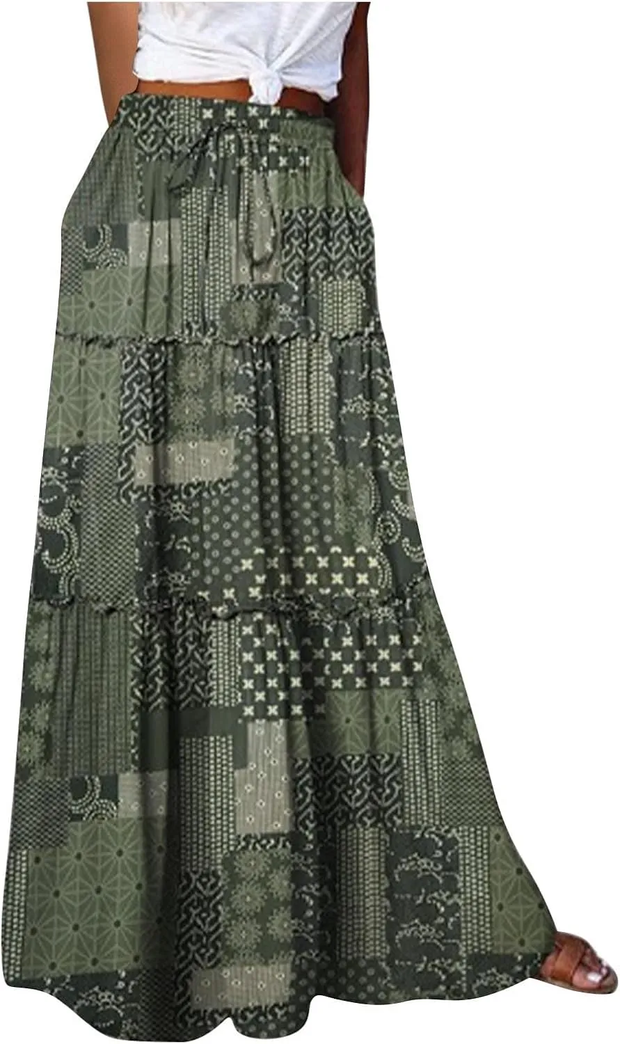 TANGNADE Long Flowy Beach Skirts for Women Summer High Waisted Casual Maxi Skirt Swing Floral Print Pleated Skirts