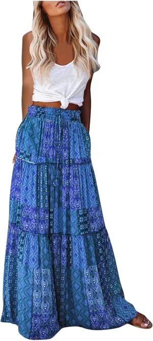 TANGNADE Women Boho Maxi Skirt High Waisted Floral Print Summer Beach Tiered Peasant Bohemian Skirts Swing A-line Skirt