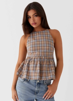 Silicone Grip Interior Tanith Ruffle Top - Brown Check