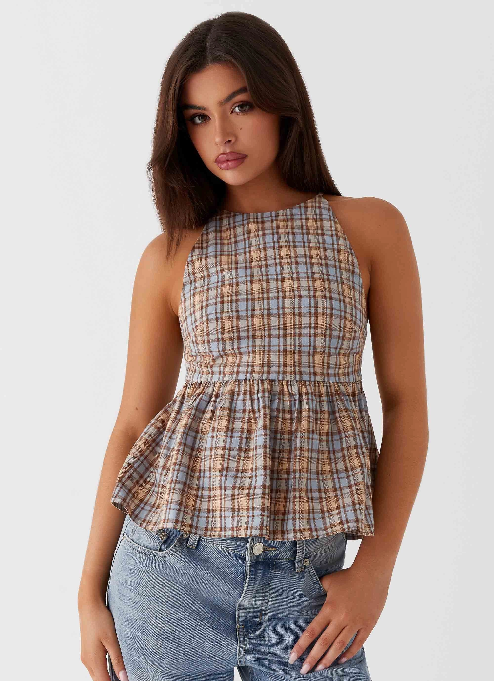 Silicone Grip Interior Tanith Ruffle Top - Brown Check