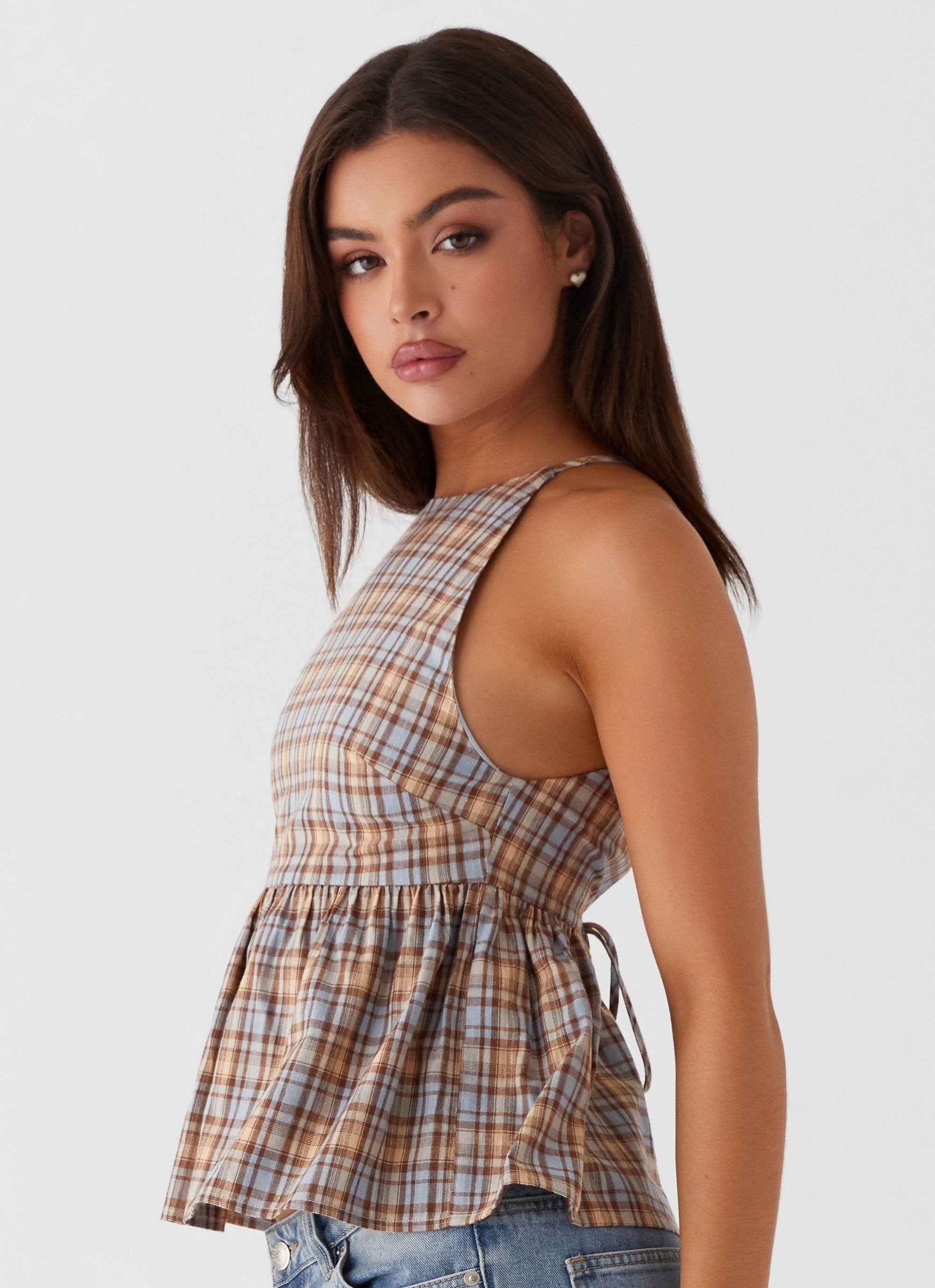 Tanith Ruffle Top - Brown Check VentilatedMeshPaneling PlacketDetail