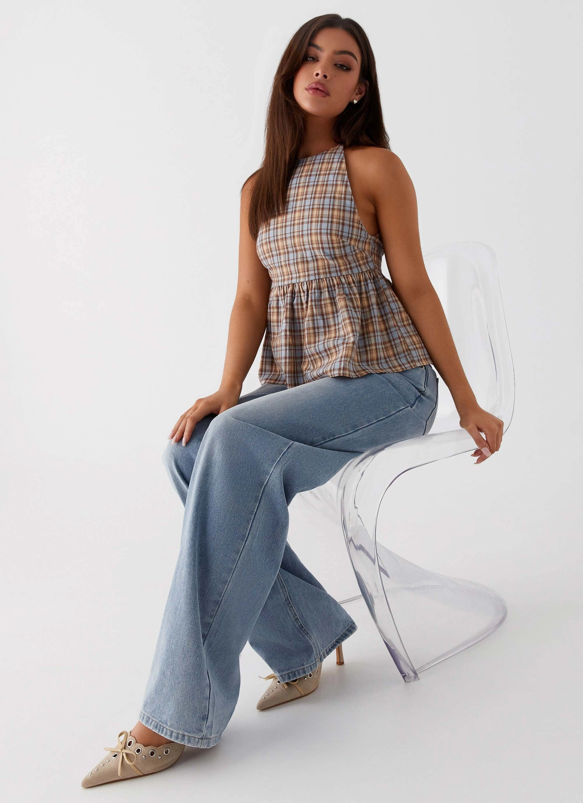 Ribbed Trim Tanith Ruffle Top - Brown Check