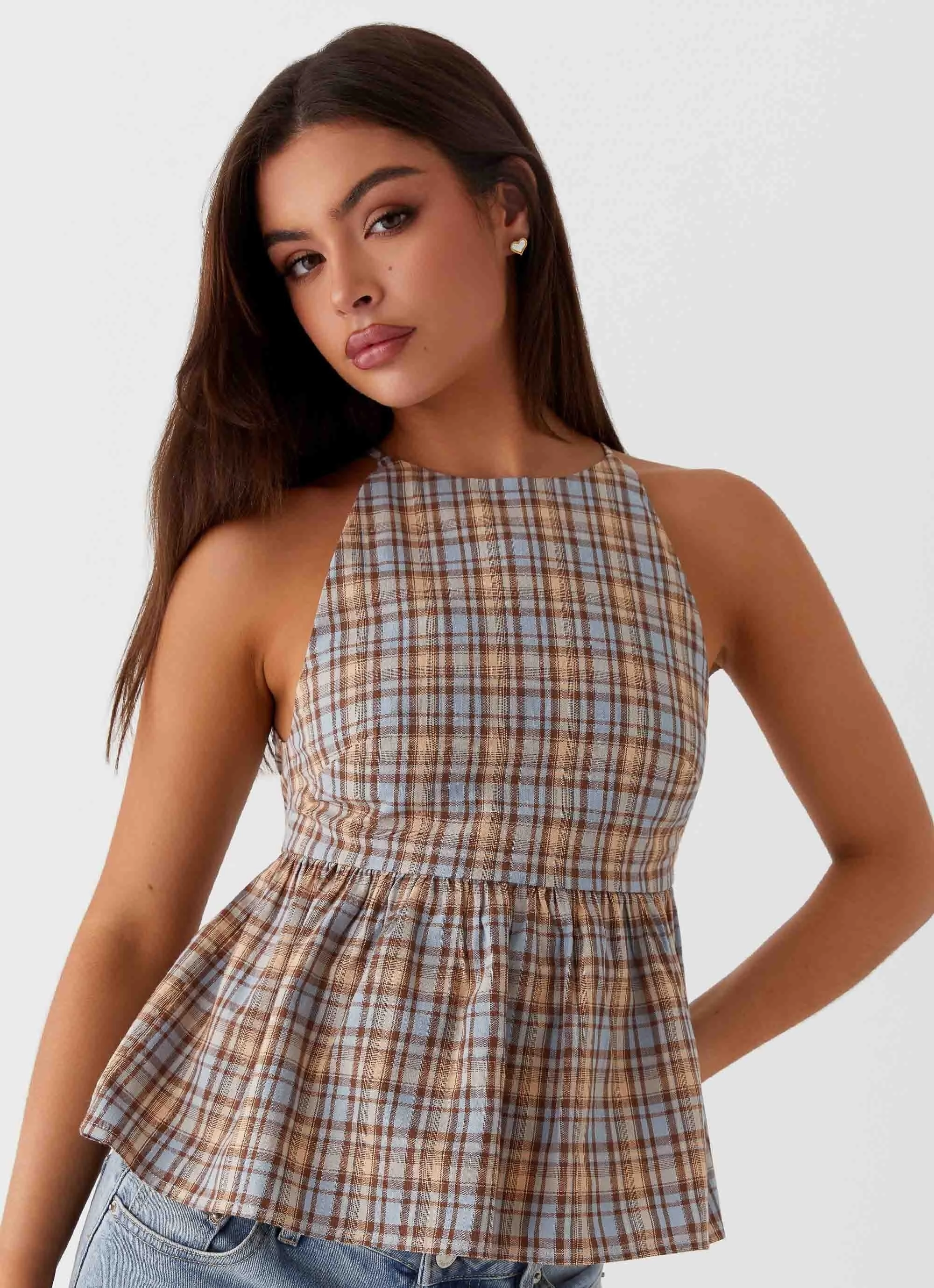 Tanith Ruffle Top - Brown Check Hydrophobic Surface Treatment Tailored Placket