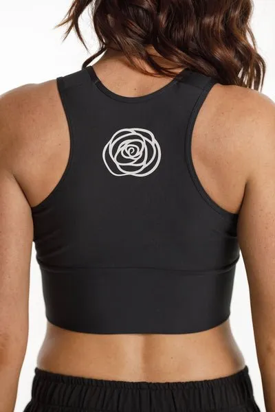 TANK BRA BLACK WITH WHITE ROSE CENTRE