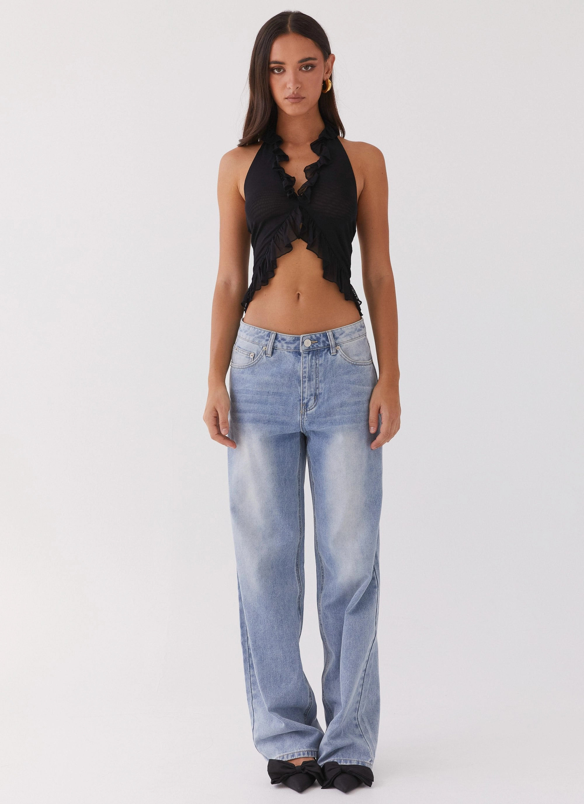 Tanya Mesh Frill Top - Black Lightweight Weave