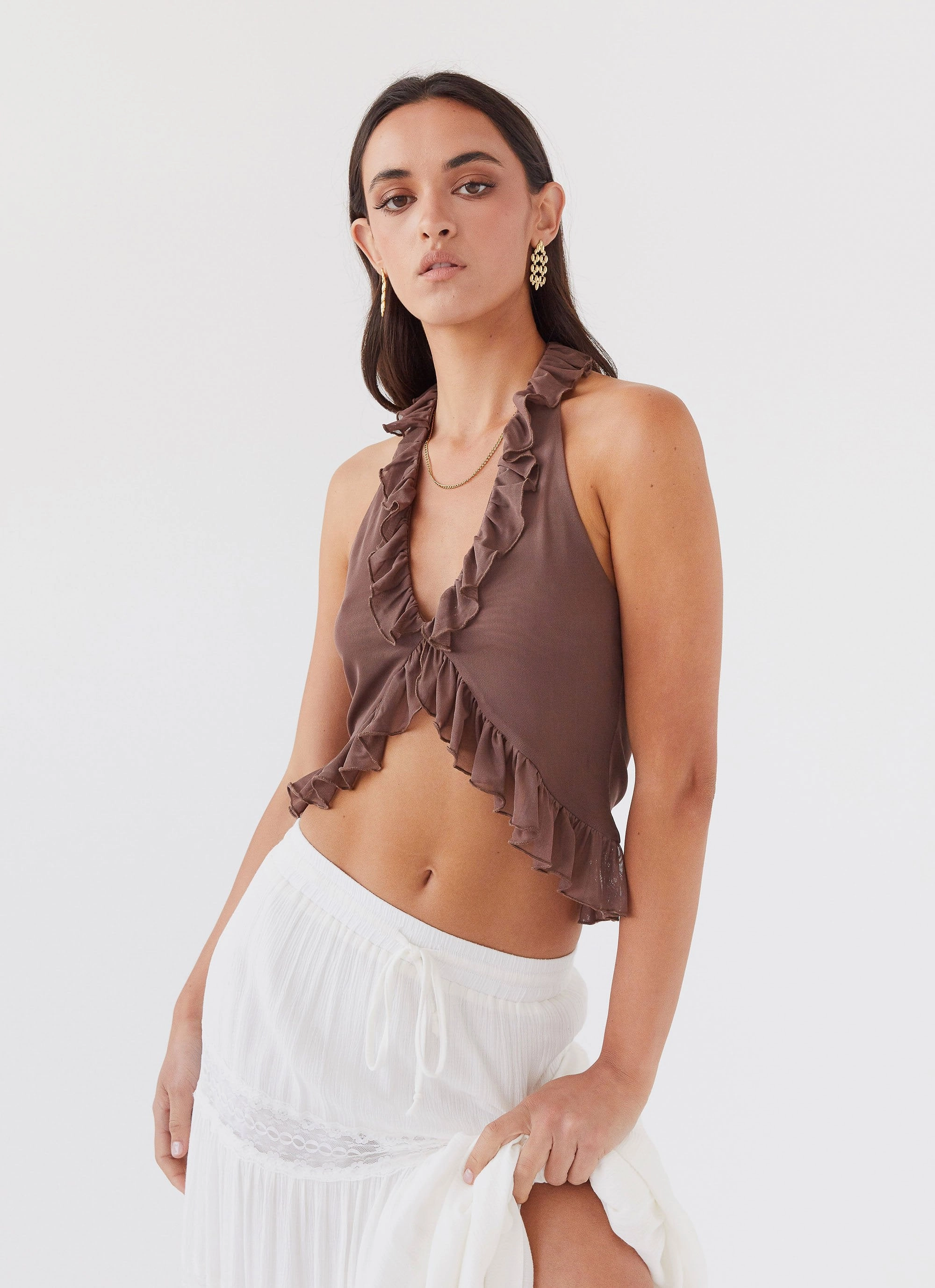 Tanya Mesh Frill Top - Chocolate Soft Texture Layered Collar Design
