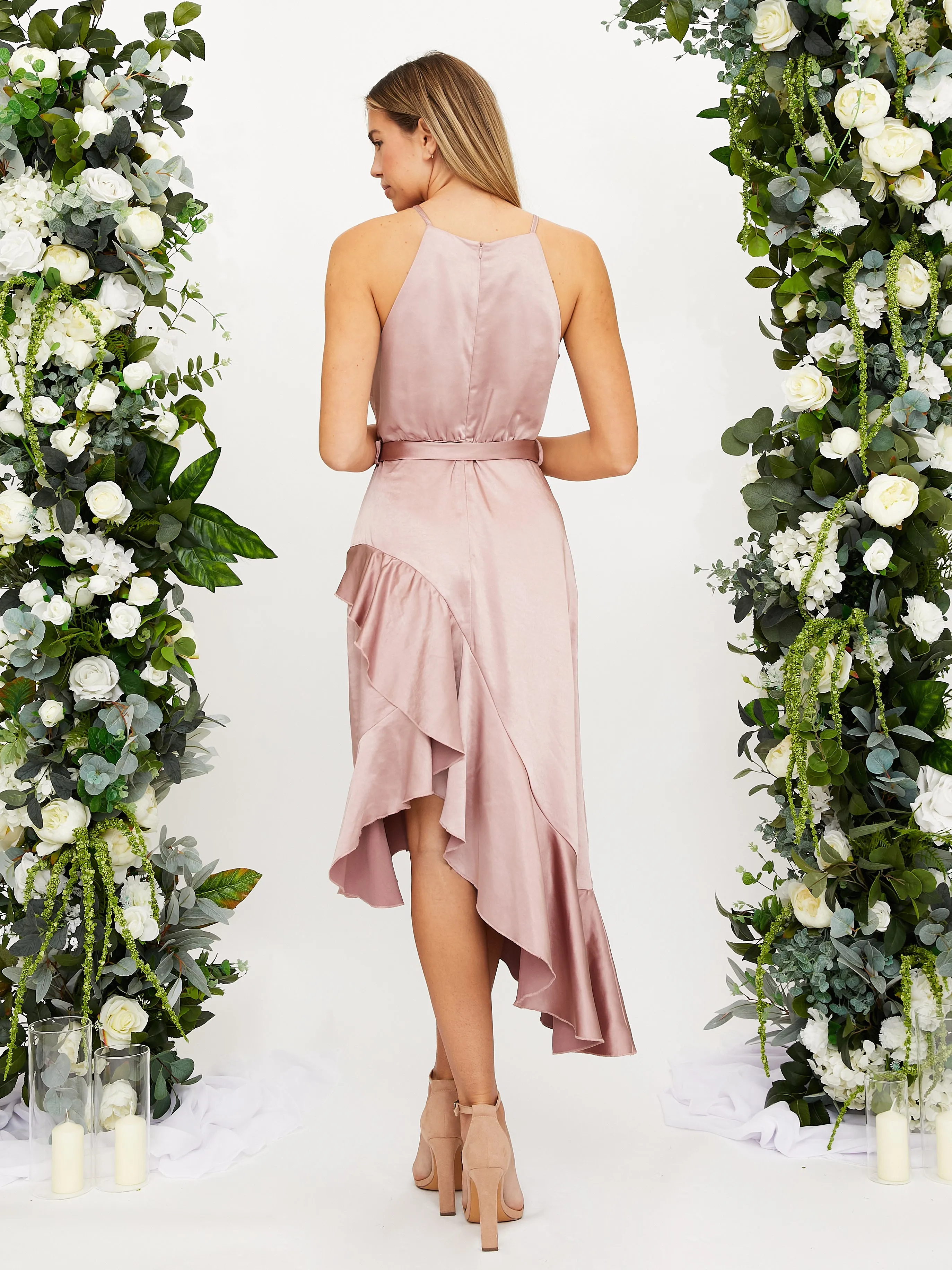 Halter Frill Satin Midi Dress / Blush Fresh Motion
