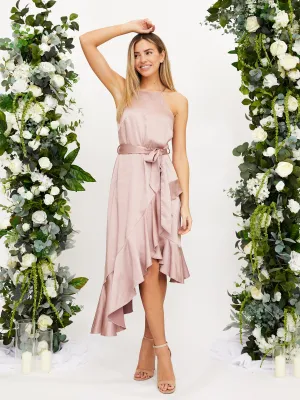 Halter Frill Satin Midi Dress / Blush Grace Walk