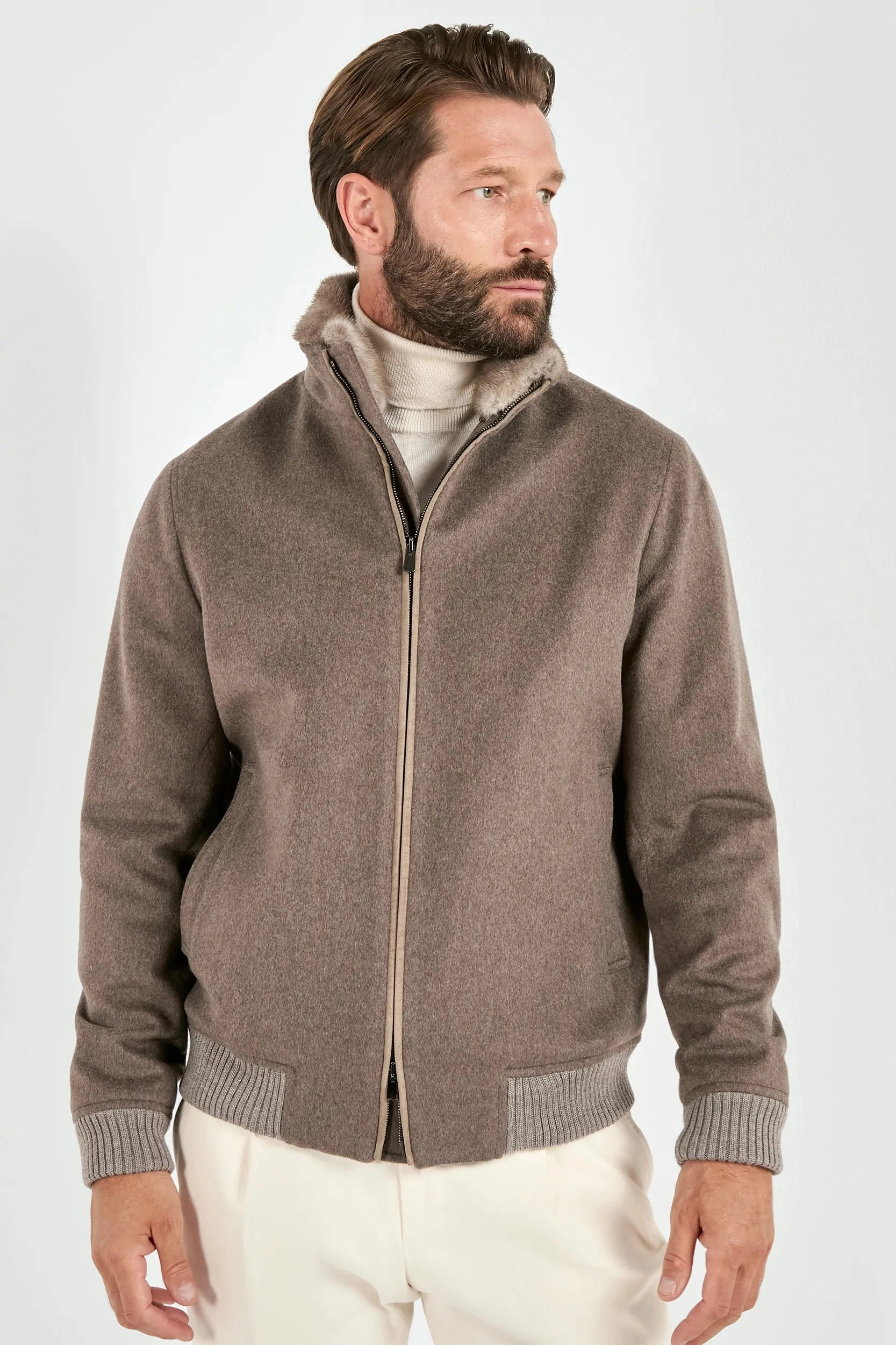Taupe bomber with removable mink collar ?C Made in Italy
