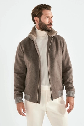 Taupe bomber with removable mink collar ?C Made in Italy