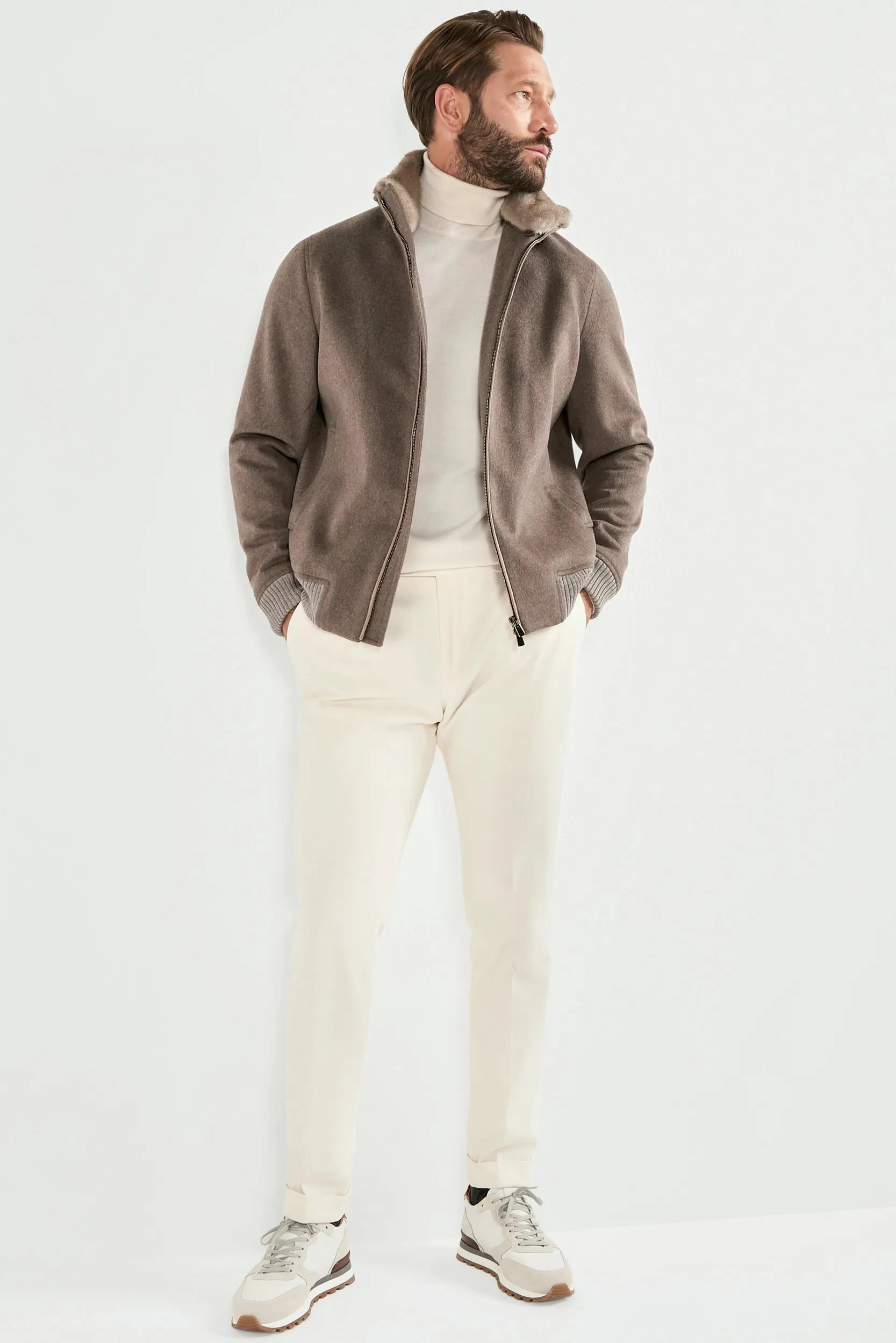 Taupe bomber with removable mink collar ?C Made in Italy