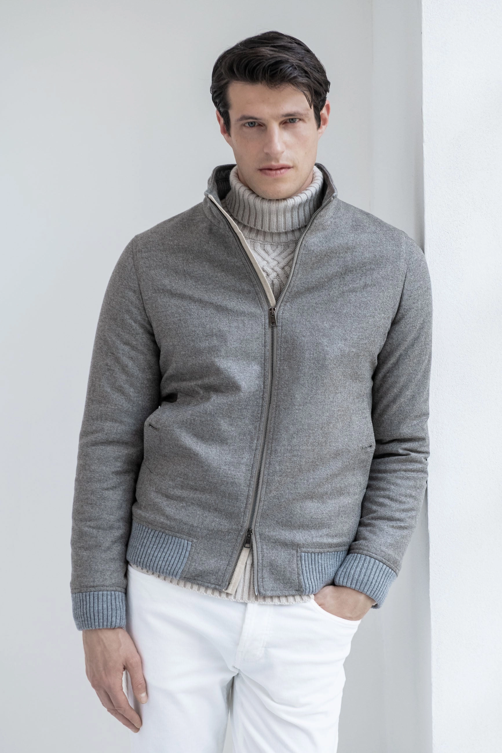 Taupe down bomber in wool & cashmere ?C Made in Italy