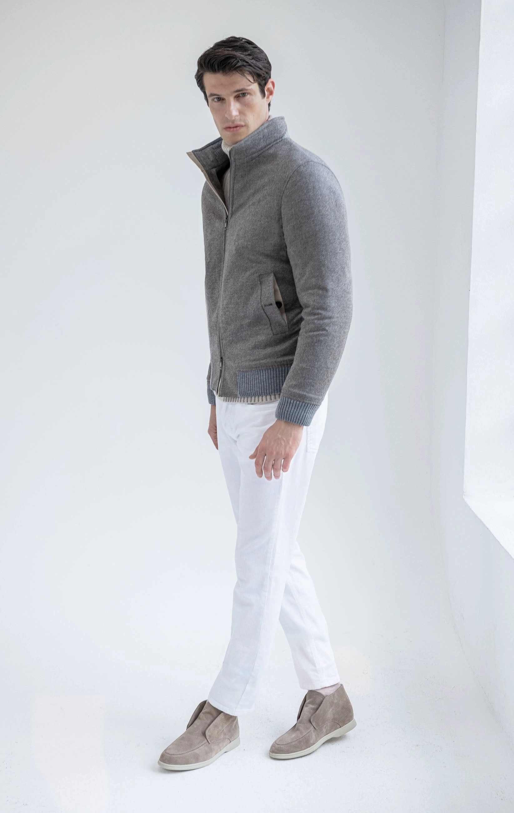 Taupe down bomber in wool & cashmere ?C Made in Italy