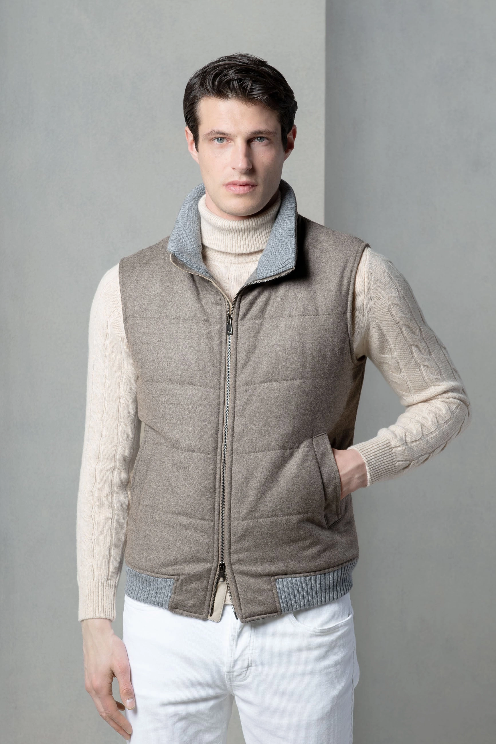 Taupe down vest in wool & cashmere ?C Made in Italy