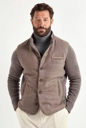 Taupe flannel and knit hooded jacket - Made in Italy