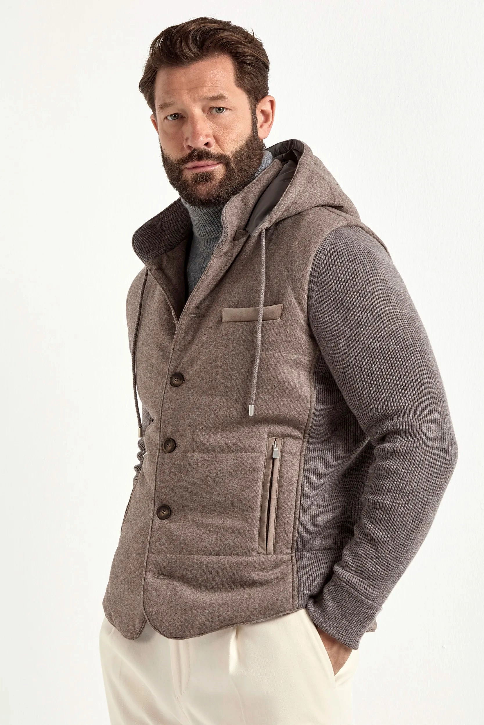 Taupe flannel and knit hooded jacket - Made in Italy