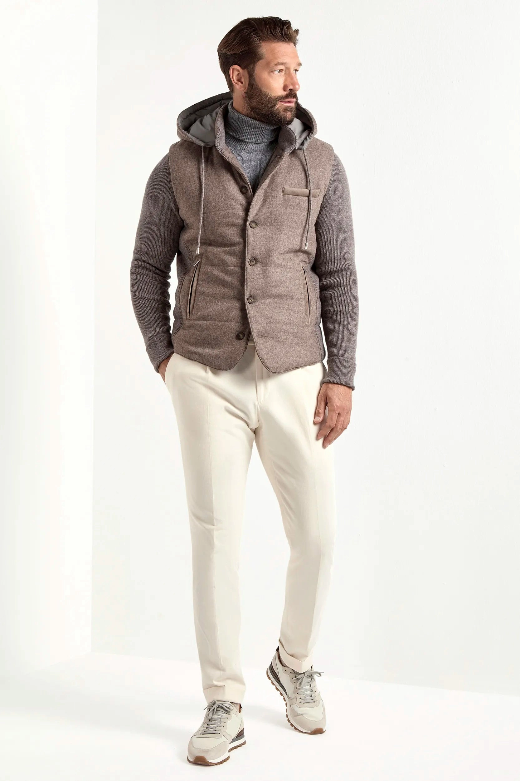 Taupe flannel and knit hooded jacket - Made in Italy