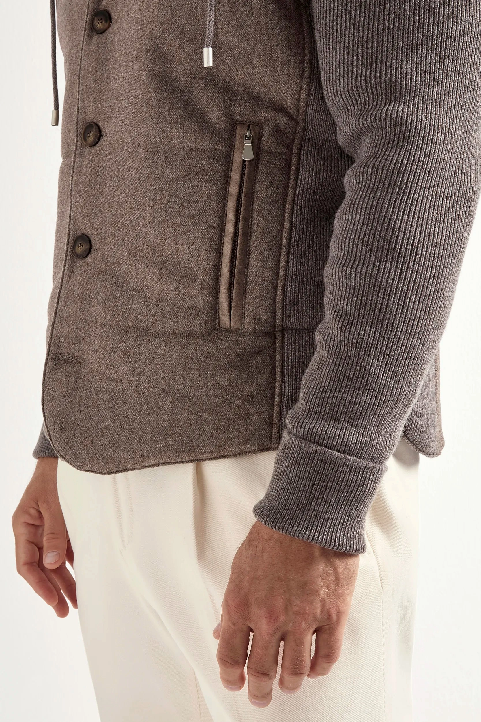 Taupe flannel and knit hooded jacket - Made in Italy
