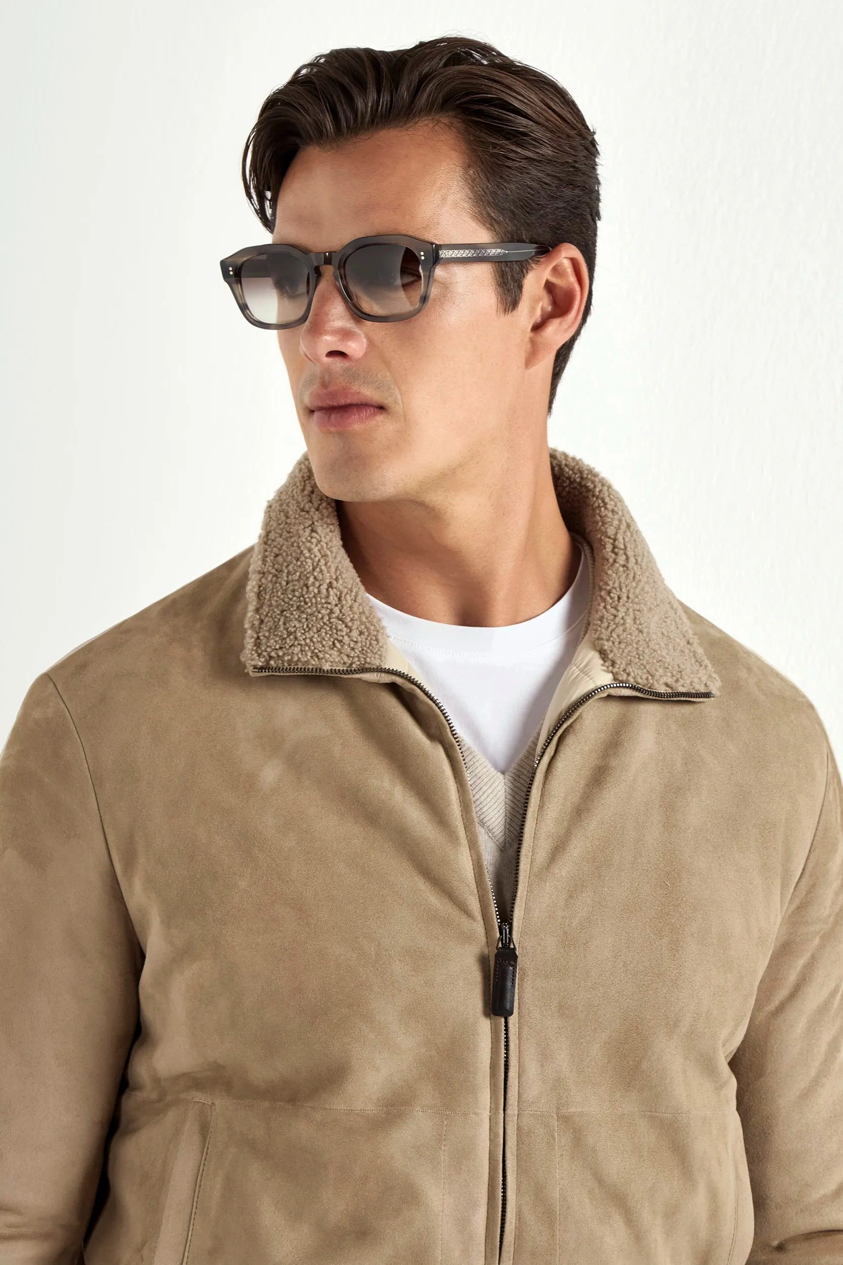 Taupe suede bomber with shearling collar - Made in Italy