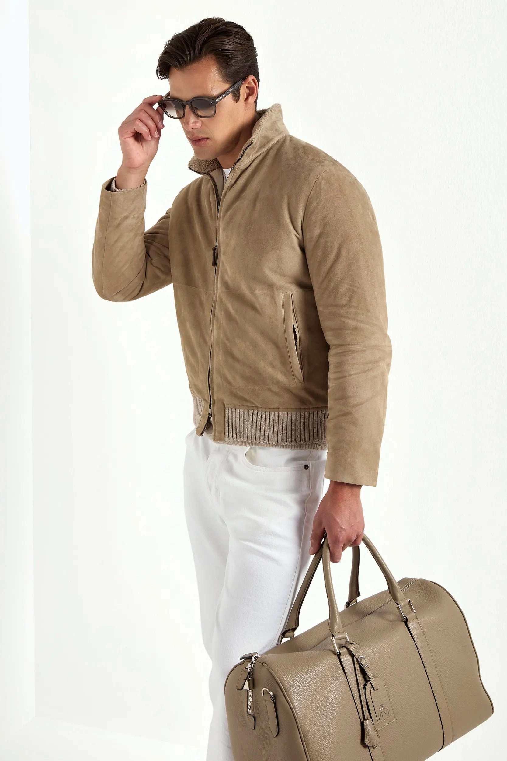 Taupe suede bomber with shearling collar - Made in Italy