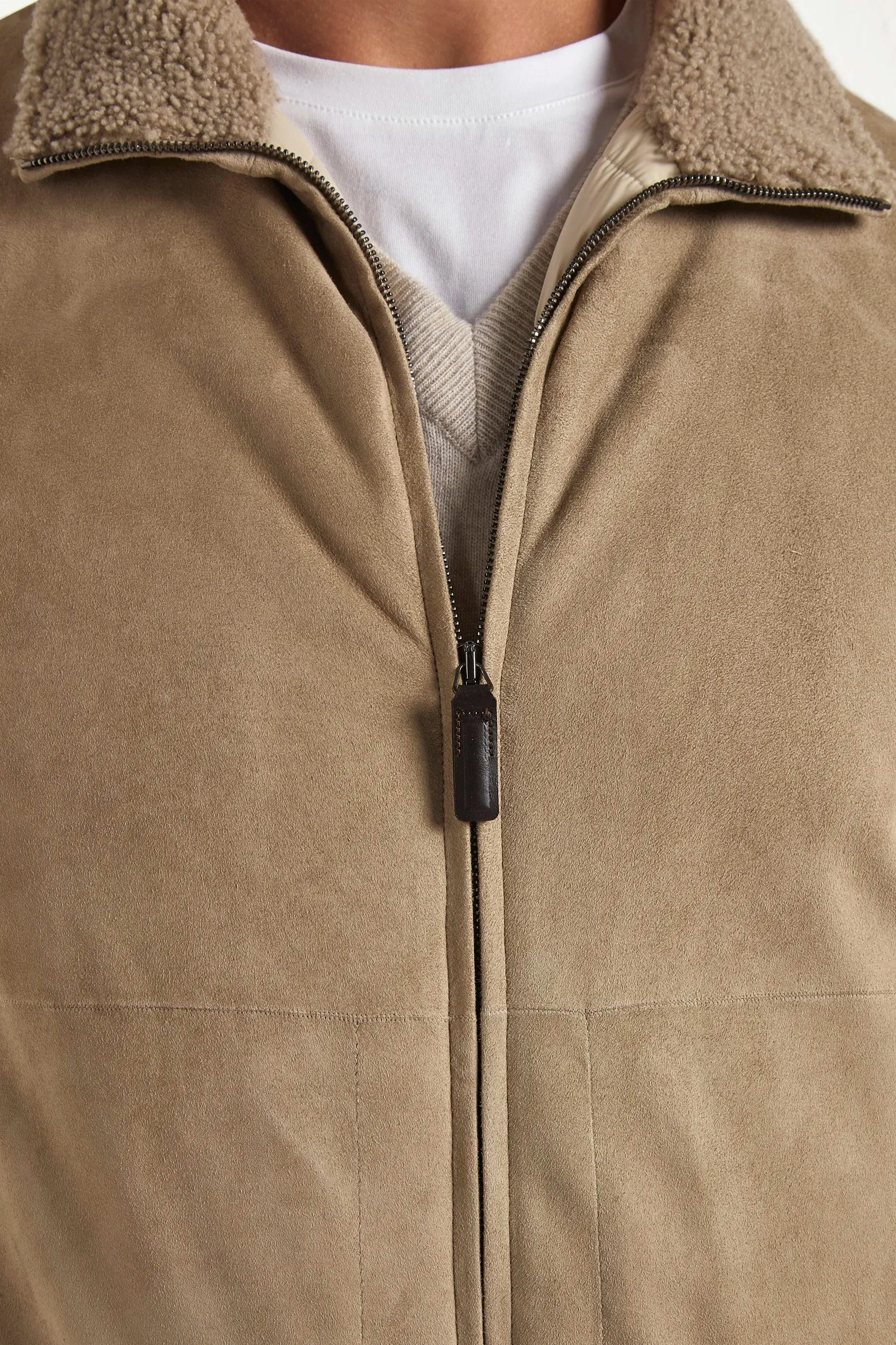 Taupe suede bomber with shearling collar - Made in Italy