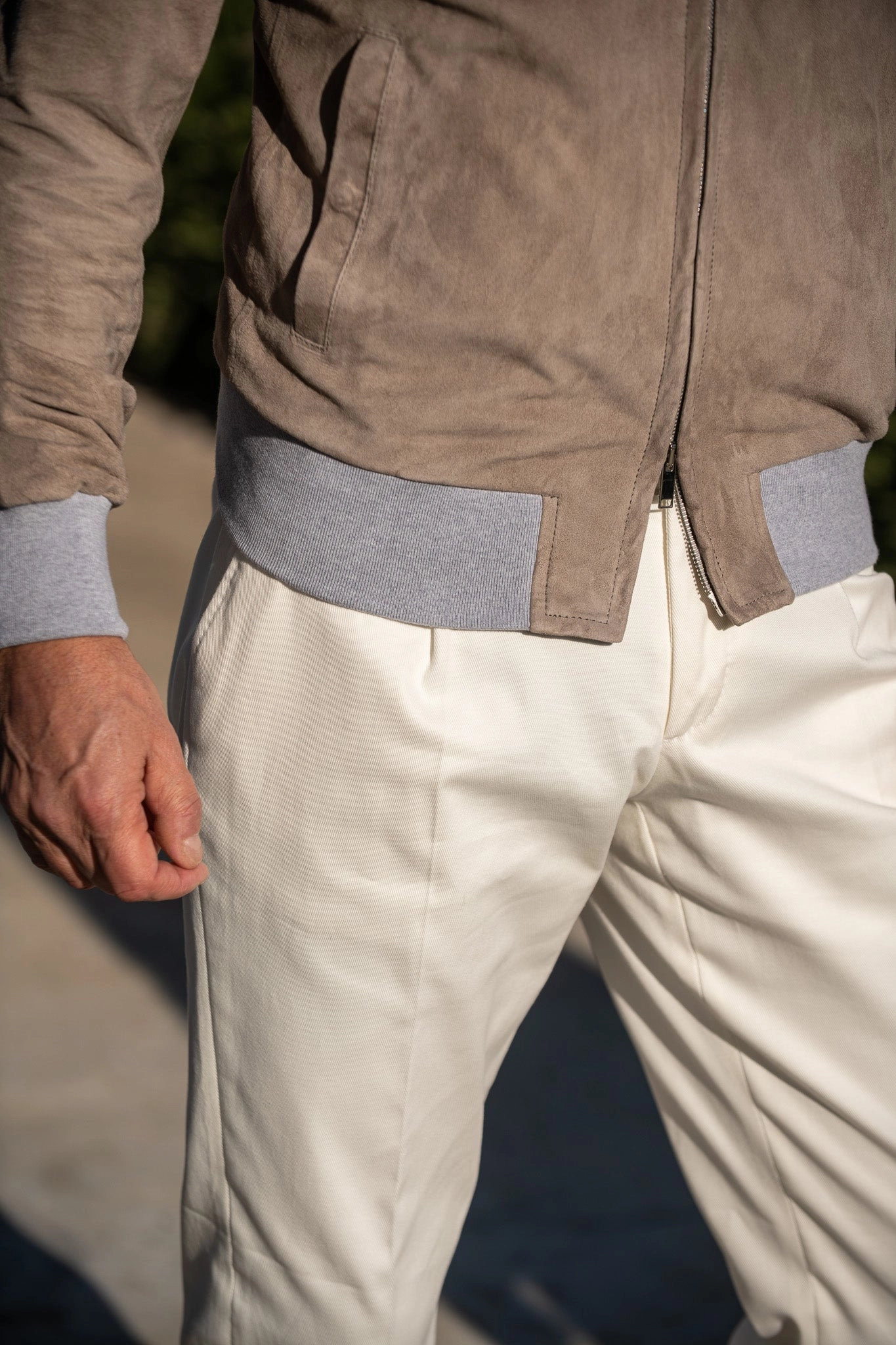 Taupe suede hooded bomber jacket ?C Made in Italy