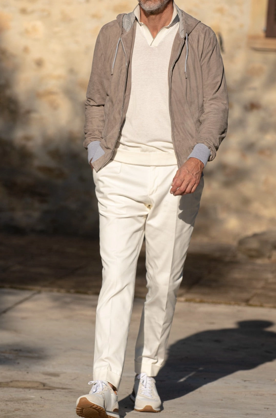 Taupe suede hooded bomber jacket ?C Made in Italy