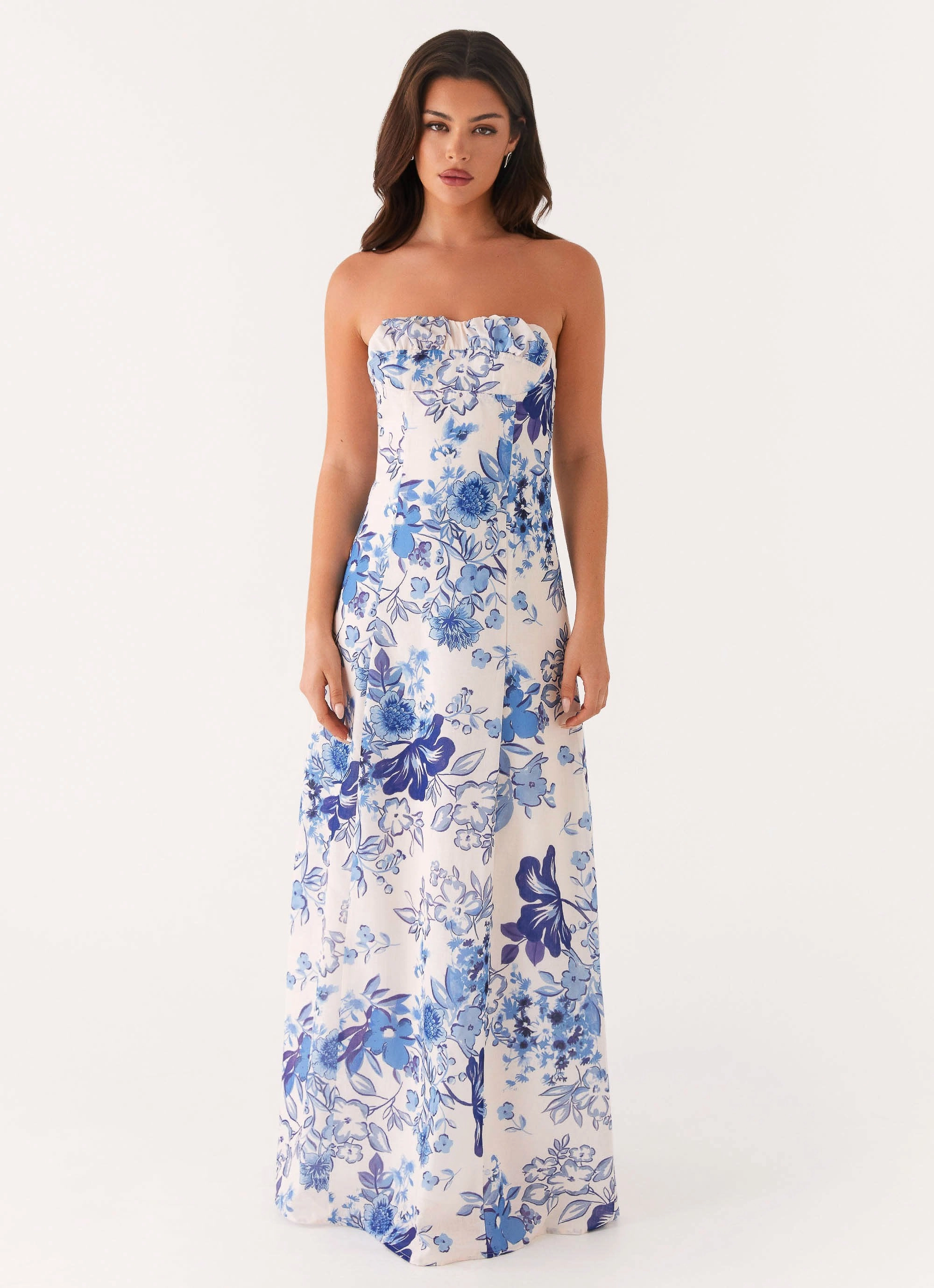 Tayla Linen Maxi Dress - Serene Sky Floral Vibrant Look