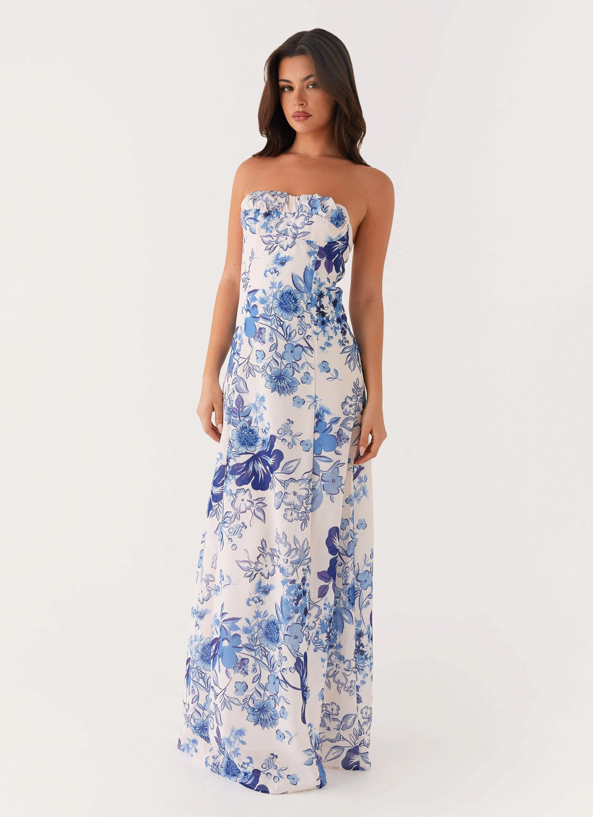 Tayla Linen Maxi Dress - Serene Sky Floral Retro Mood