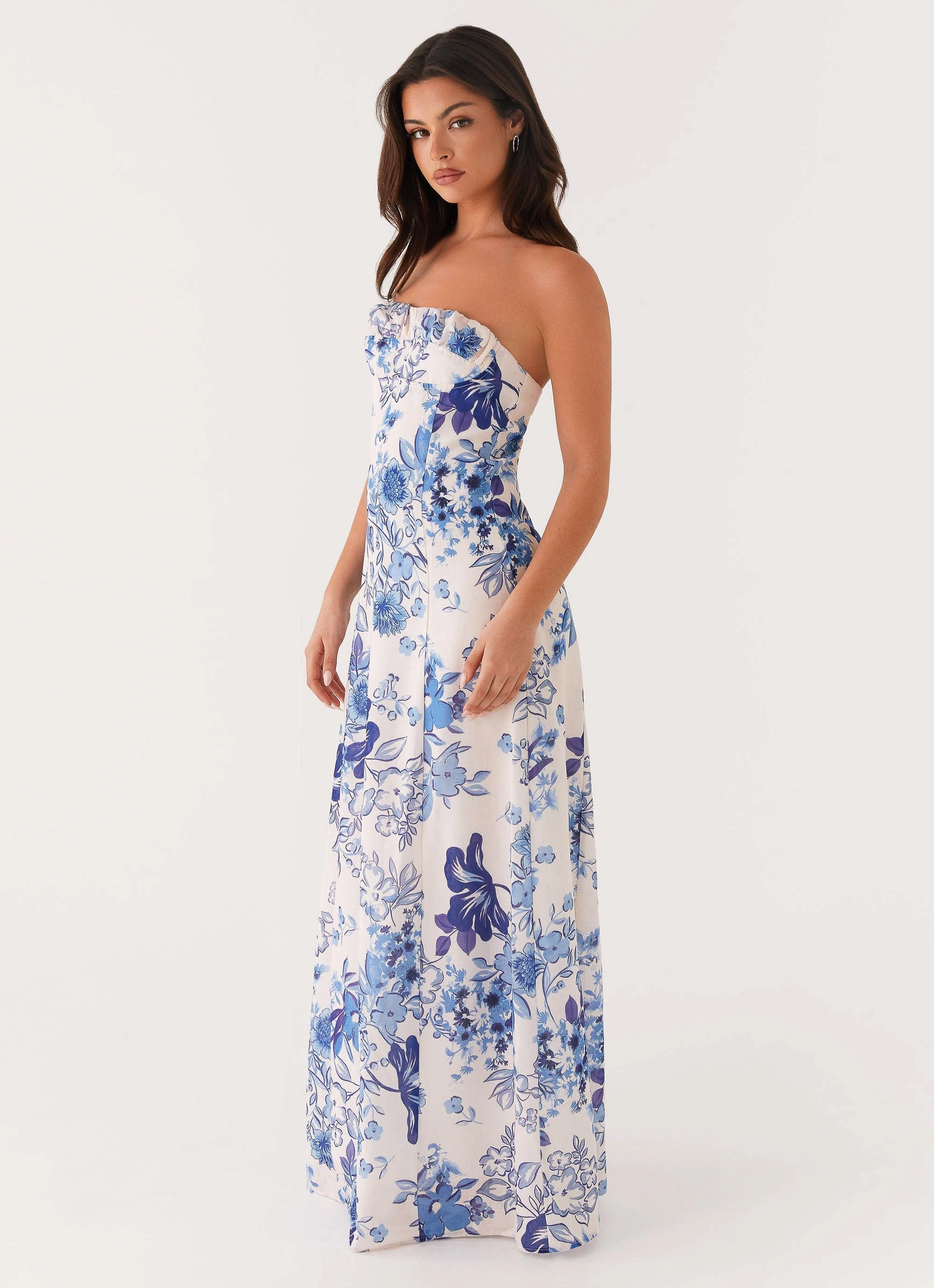 Button Accent Tayla Linen Maxi Dress - Serene Sky Floral