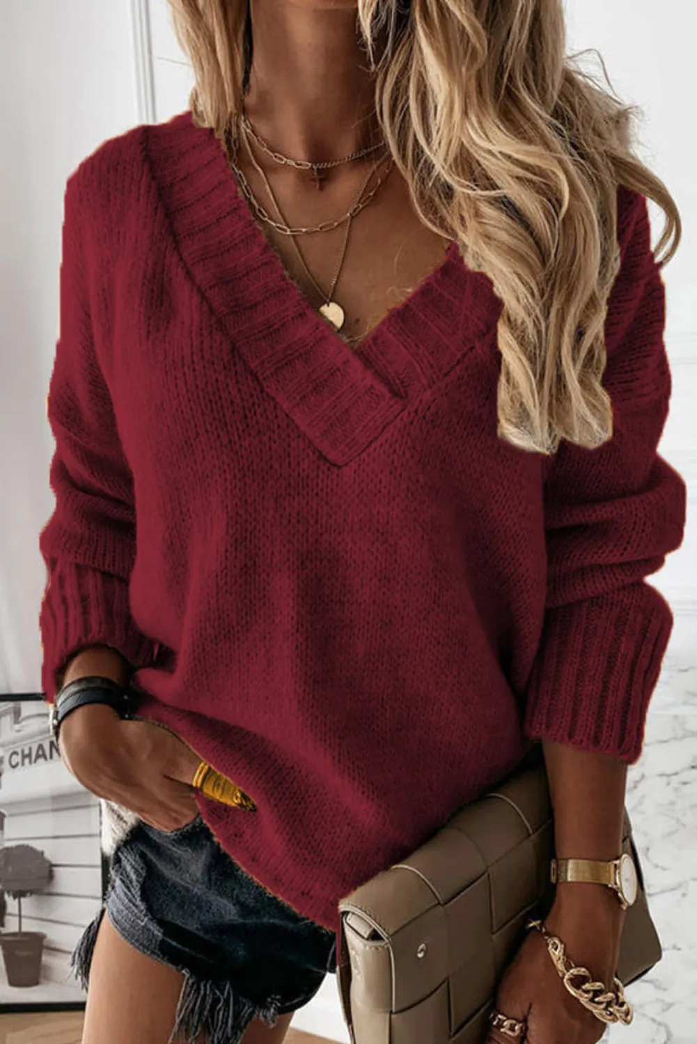 'Teagan' Full Size V-neck Pullover Sweater (5 Colors)