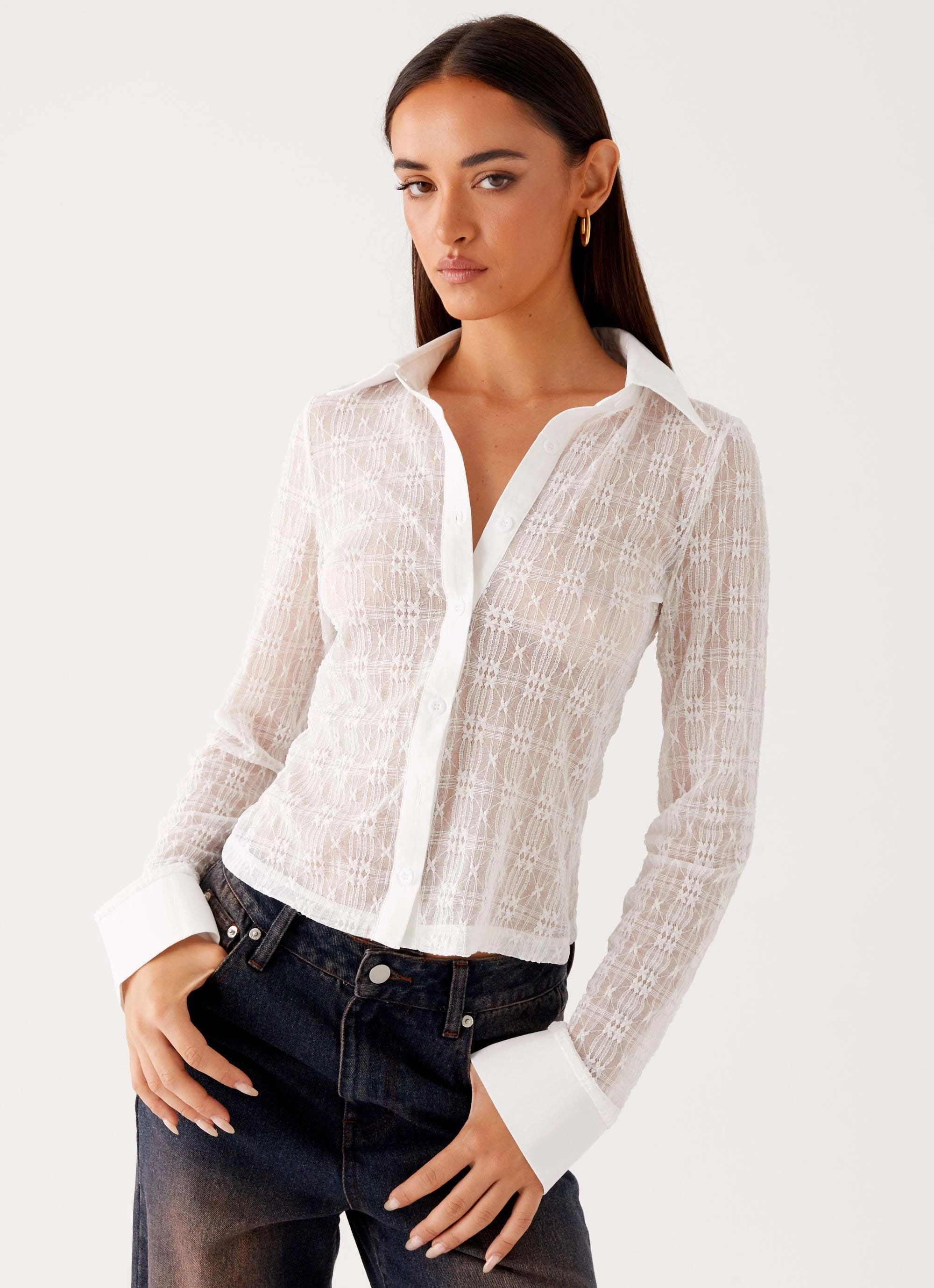 Loui Lace Long Sleeve Top - White Relaxed Tee NonRestrictiveSilhouette