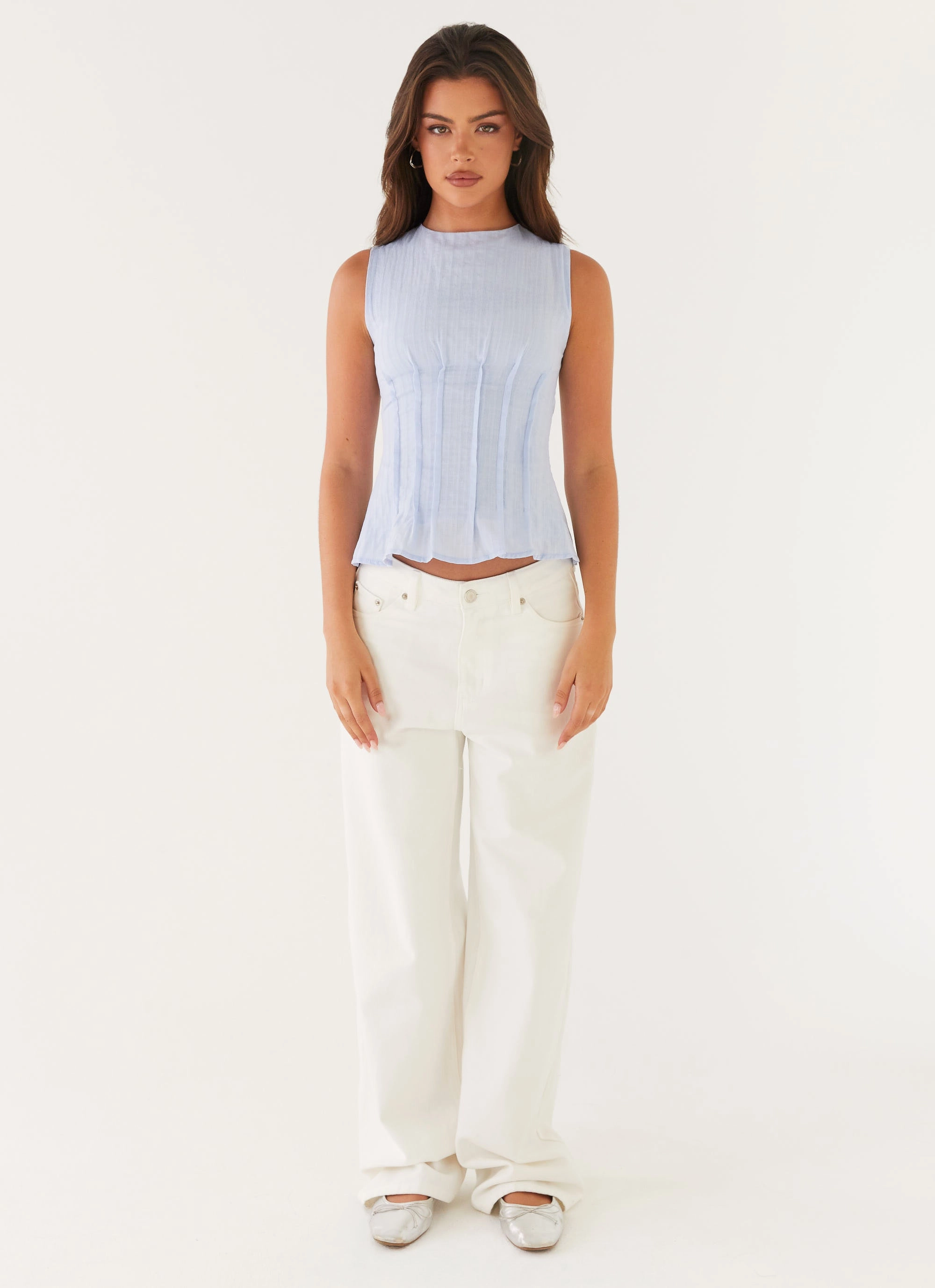 LayeringFriendly Weight V-neck Blouse Franco Tie Back Top - Blue